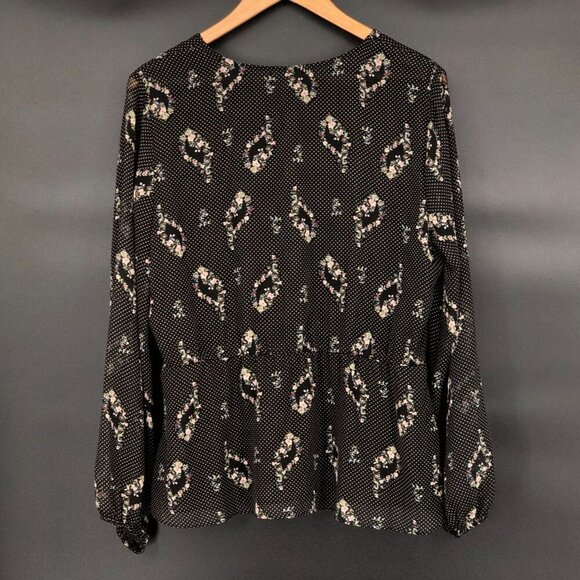 Pleione Womens Long Sleeve Floral Polka Dot Blouse L Black Office Professional - Picture 2 of 9